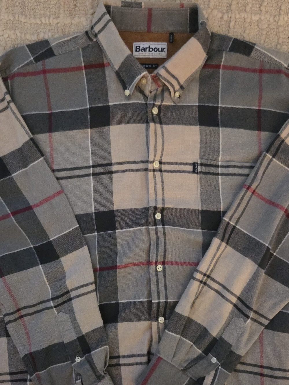 Barbour Edderton Tailored Plaid Button-Down Shirt with Red Accents, XL